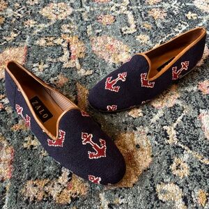 ZALO Needlepoint Tapestry Nautical Anchor Slipper Loafer Flats Navy Blue Sz 8
